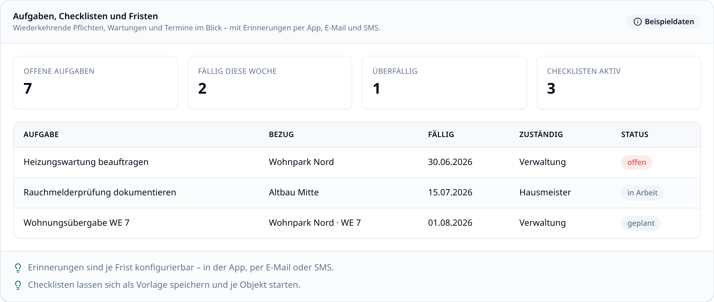 Aufgabenliste und Fristenkalender in immoflow