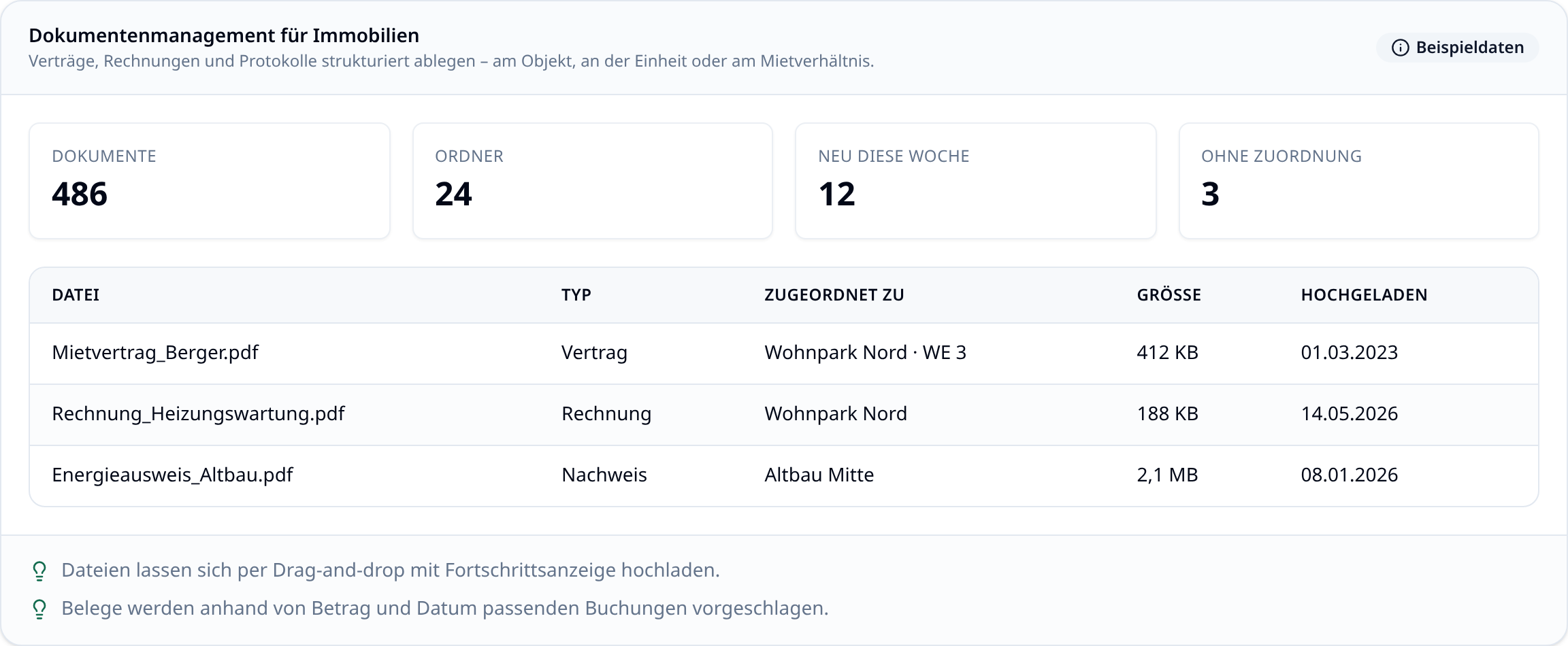 Dokumentenverwaltung in immoflow mit Ordnerstruktur und Dateiliste