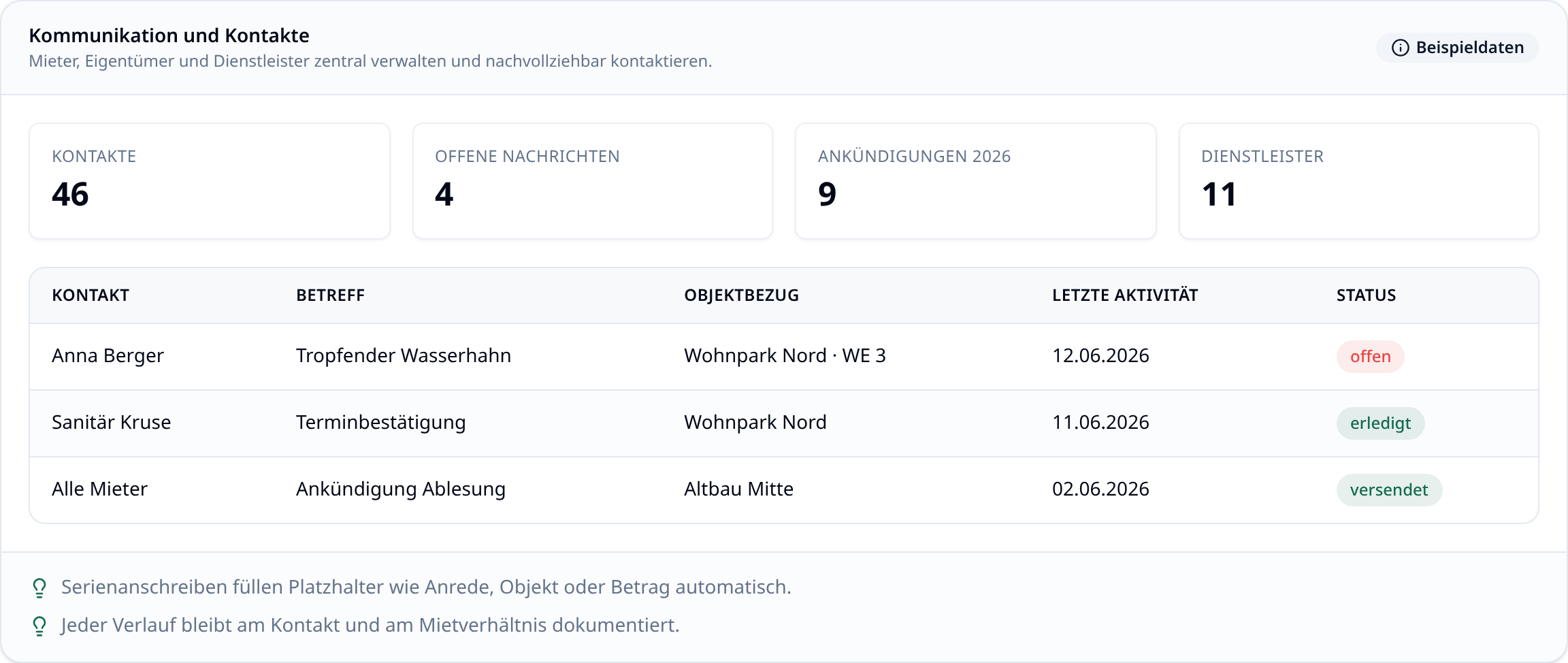 Nachrichtenübersicht und Kontaktverwaltung in immoflow