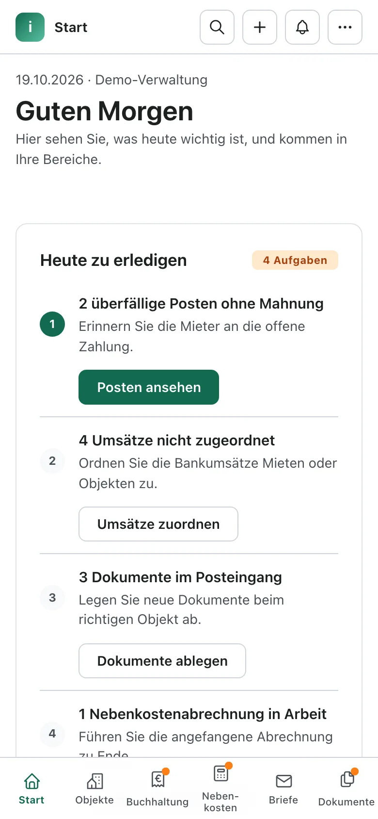 Start-Ansicht von immoflow auf dem Smartphone (Beispieldaten)