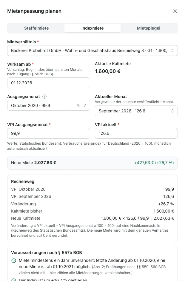 Panel „Mietanpassung planen“, Indexmiete: Ausgangsmonat und aktueller Monat mit vorbelegtem Verbraucherpreisindex, neue Miete, Rechenweg und Prüfliste nach § 557b BGB (Demo-Daten)