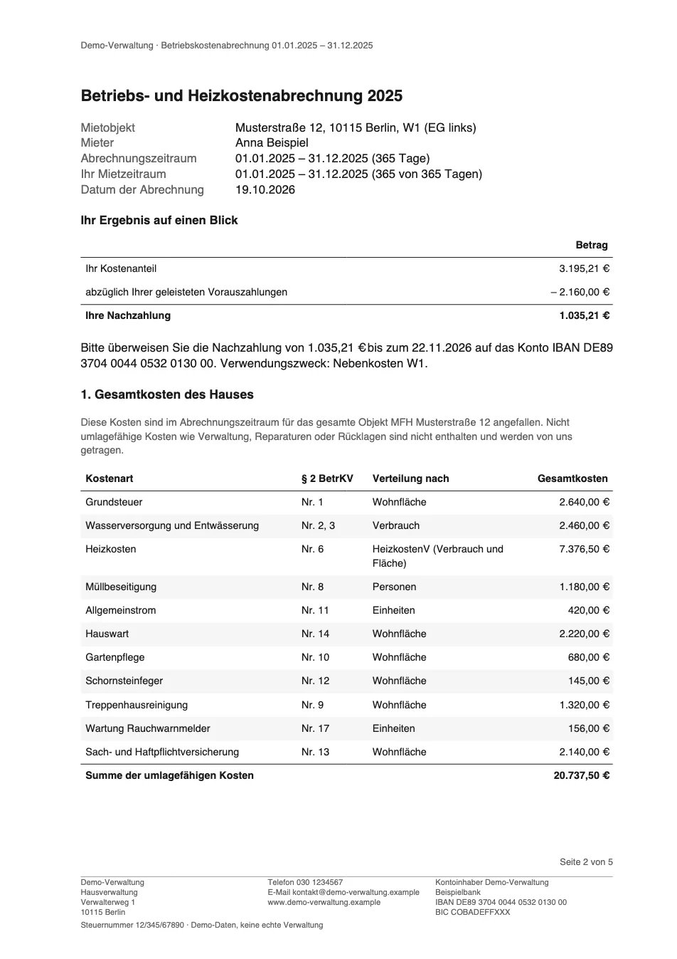 Seite 2 einer Beispiel-Abrechnung: Ergebnis auf einen Blick und Gesamtkosten des Hauses je Kostenart mit Nummer nach § 2 BetrKV und Verteilerschlüssel (Demo-Daten)