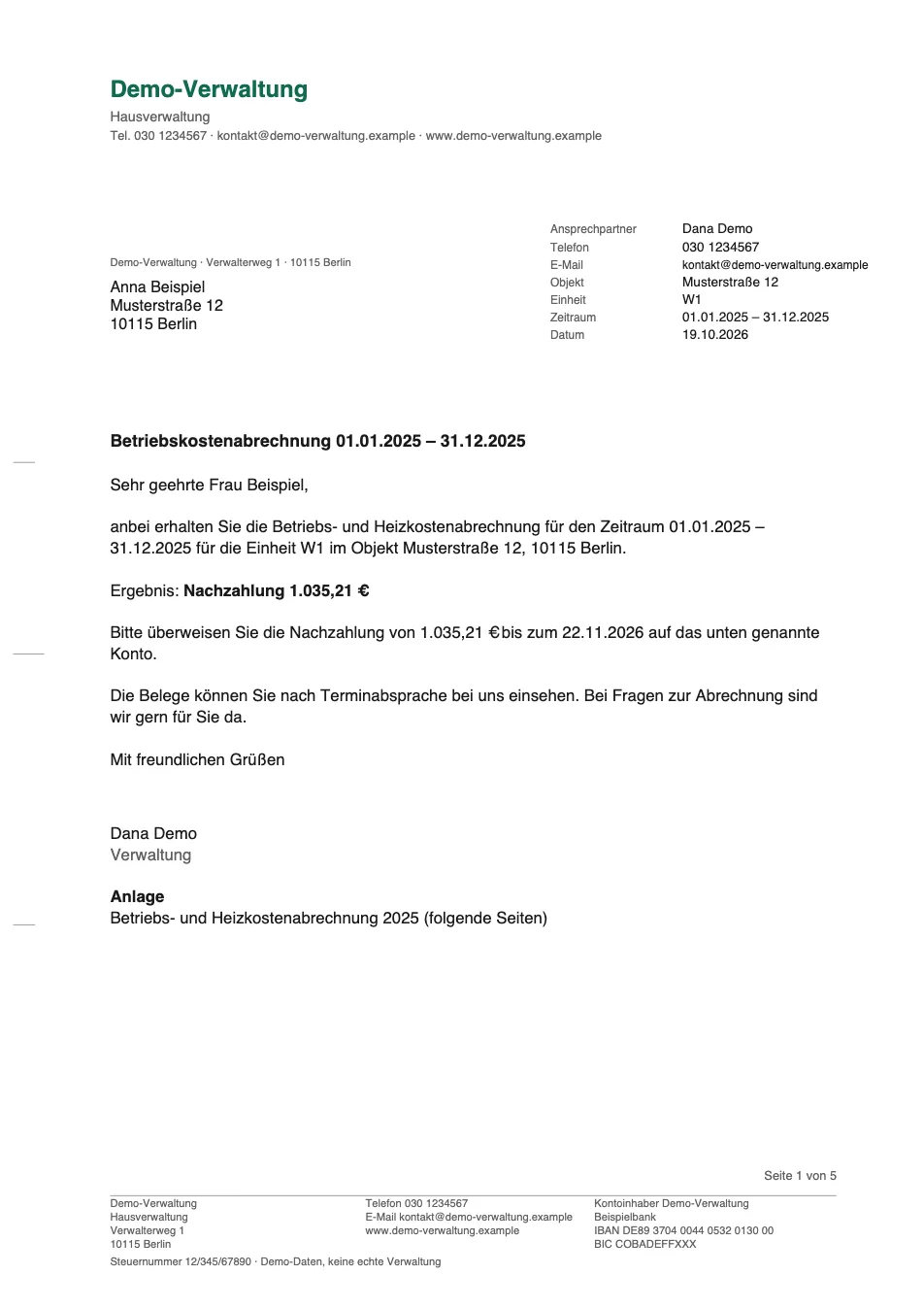 Seite 1 einer Beispiel-Abrechnung: Anschreiben nach DIN 5008 mit Ergebnis „Nachzahlung 1.035,21 €“ und Zahlungsziel (Demo-Daten)
